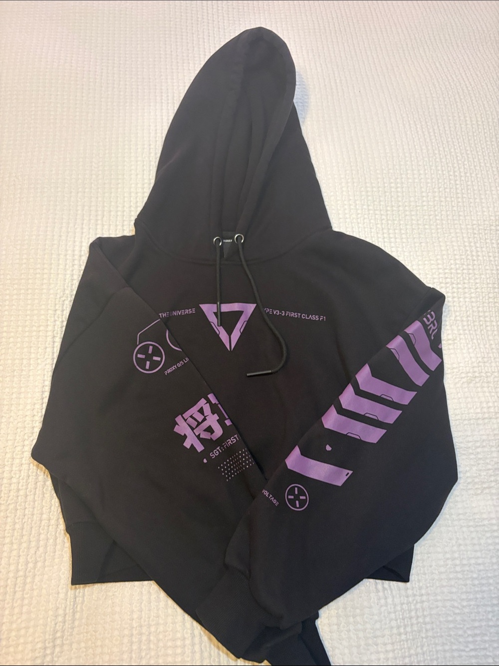 Black Hoodie with Purple Graphic Accents - Women's Cropped Pullover